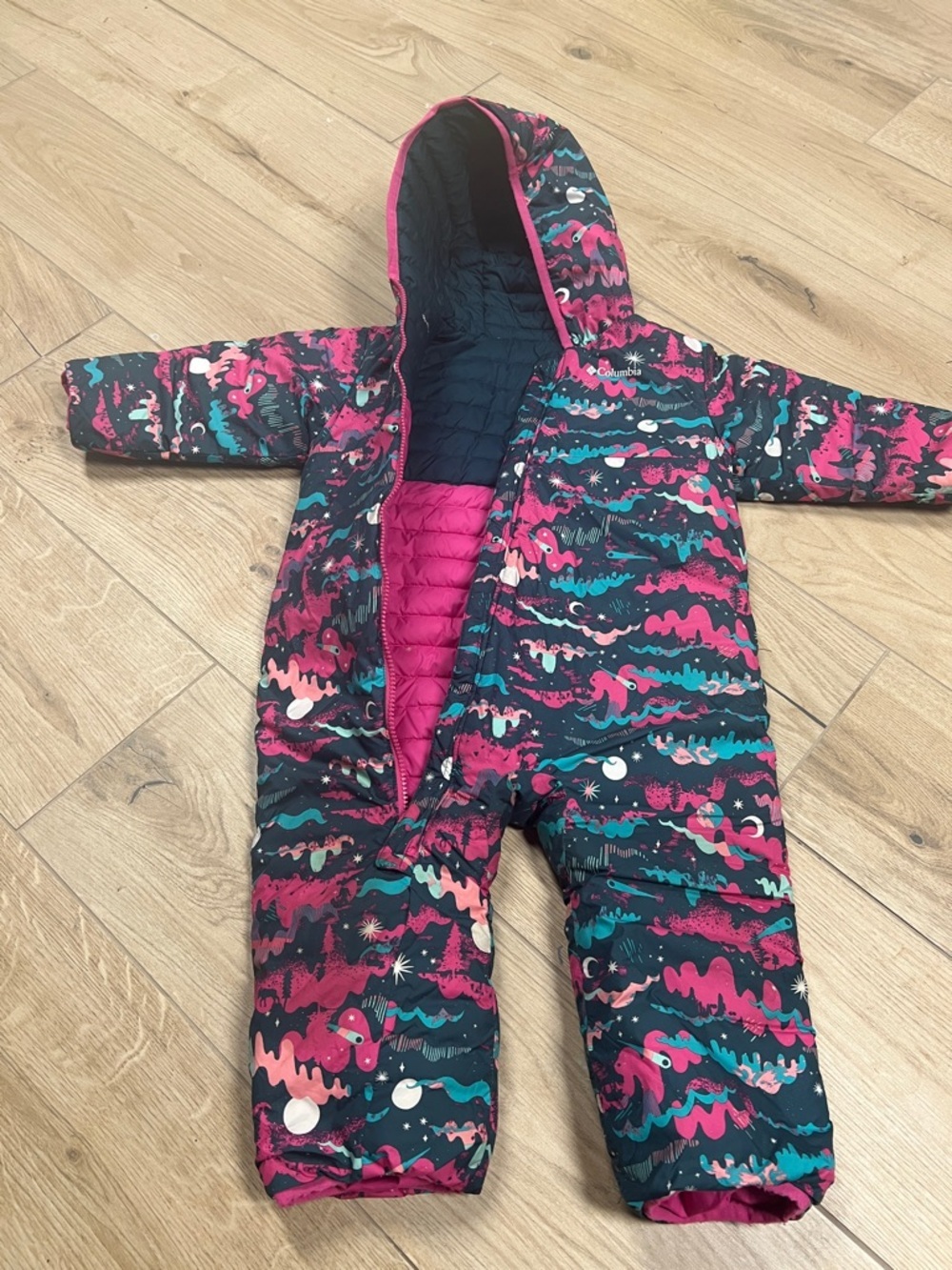Columbia Kids One-Piece Snowsuit in Pink, Teal & Navy